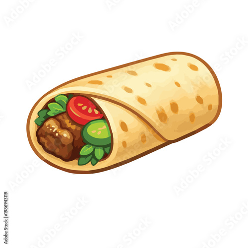 Vector art of a delicious kebab, featuring layered meat, fresh vegetables, and wrapped bread, illustrated with clean lines and vibrant colors in a simple appetizing style.