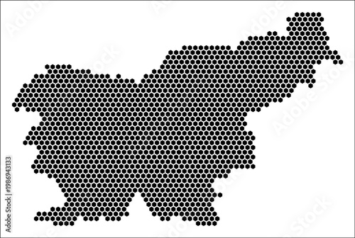 Slovenia hexagon map. Plain black and white dotted shape template. Country tiny hexagon cells. Slovenia flat honeycomb template. Vector Illustration.
