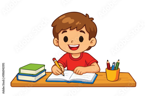 Vector art of a cute little boy writing at a desk, featuring soft colors, simple shapes, and a warm educational theme that highlights focus, learning, and childhood creativity.