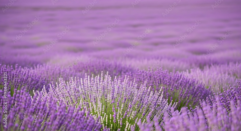 Fototapeta premium Vast lavender field in bloom under a soft sky creating a picturesque natural landscape for serene and aromatic beauty
