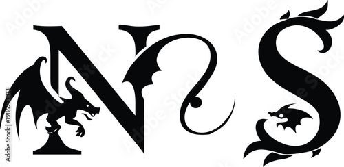 Letter N and S with dragon elements, tribal art, mystical symbol, powerful creature graphic.