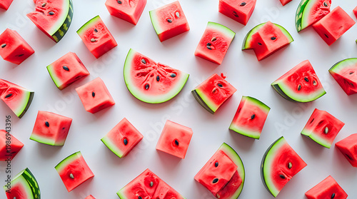 Watermelon slices and cubes scattered on white background top view of juicy summer fruit.