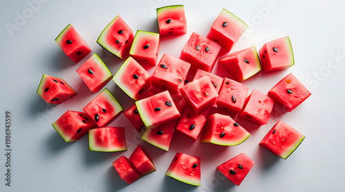 Fresh watermelon cubes and slices randomly placed on clean white background minimalist style.