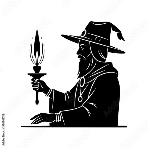 Black and White Wizard Silhouette Holding a Flaming Torch