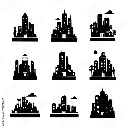 City Skyline Silhouette Icon Set Minimalist Building Shapes