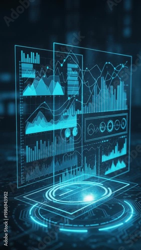 Futuristic digital data visualization with glowing charts and graphs in blue technology interface