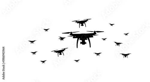 Swarm of drone silhouettes flying on white background
