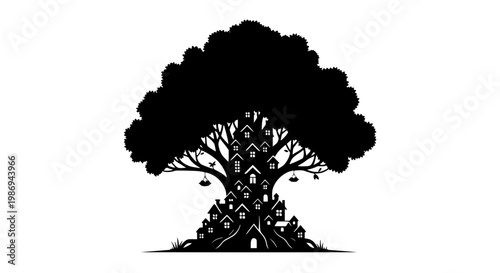 Whimsical tree silhouette with a village of houses inside