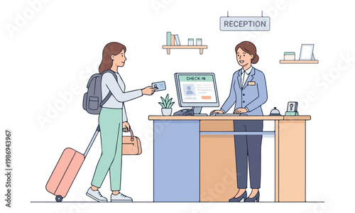 Hotel Check-in with Female Guest and Receptionist at Counter