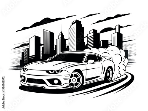 A sleek sports car speeds through a cityscape with a cloud of smoke trailing behind it.