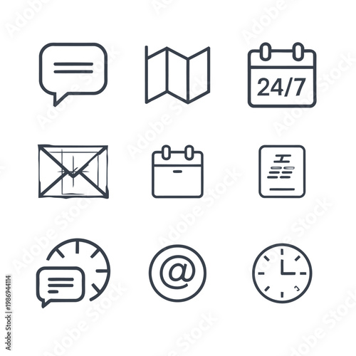 Collection of minimalist line icons representing communication and organization