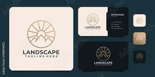 Minimalist line abstract mountain with sun light logo design
