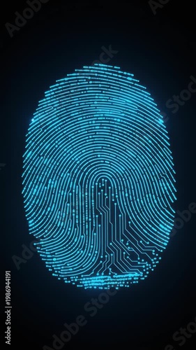 Glowing blue digital fingerprint with circuit board design on dark background for security technology
