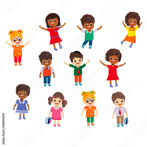  set of children of different nationalities: African, European, Asian girls and boys