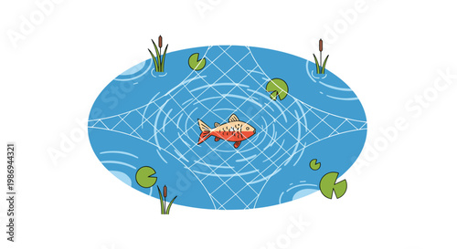 A vibrant orange goldfish swims gracefully within a white circular fishing net cast over a serene blue pond surrounded by lush green lily pads and reeds.