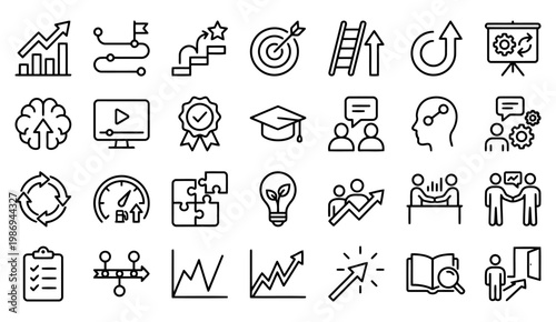 piece vector icon set in modern clean line style representing upskilling, reskilling, learning progression, strategy, and skill development concepts