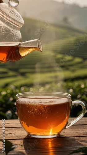 Fresh hot tea being poured from glass teapot into cup with scenic green tea plantation background