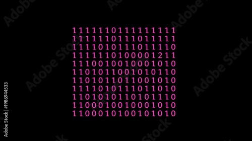 Binary code stream displayed on black background. Red digits form matrix pattern. Digital aesthetic dominates image composition.