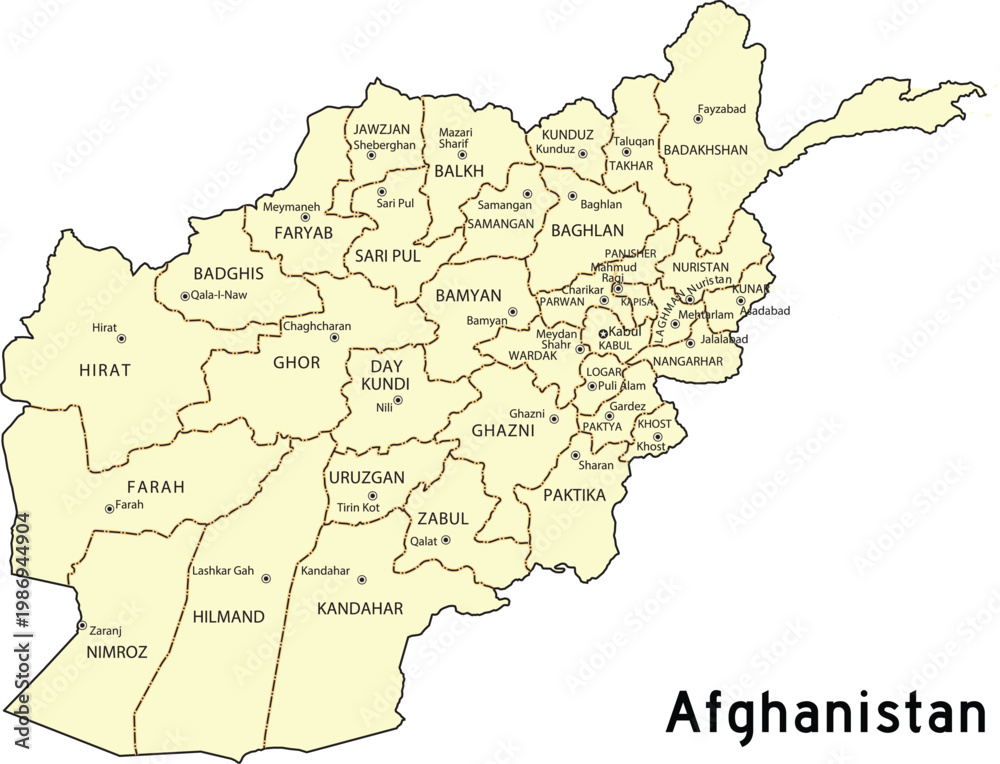 Fototapeta premium Afghanistan Labelled Map with State Lines and Cities Editable Vector Illustration 