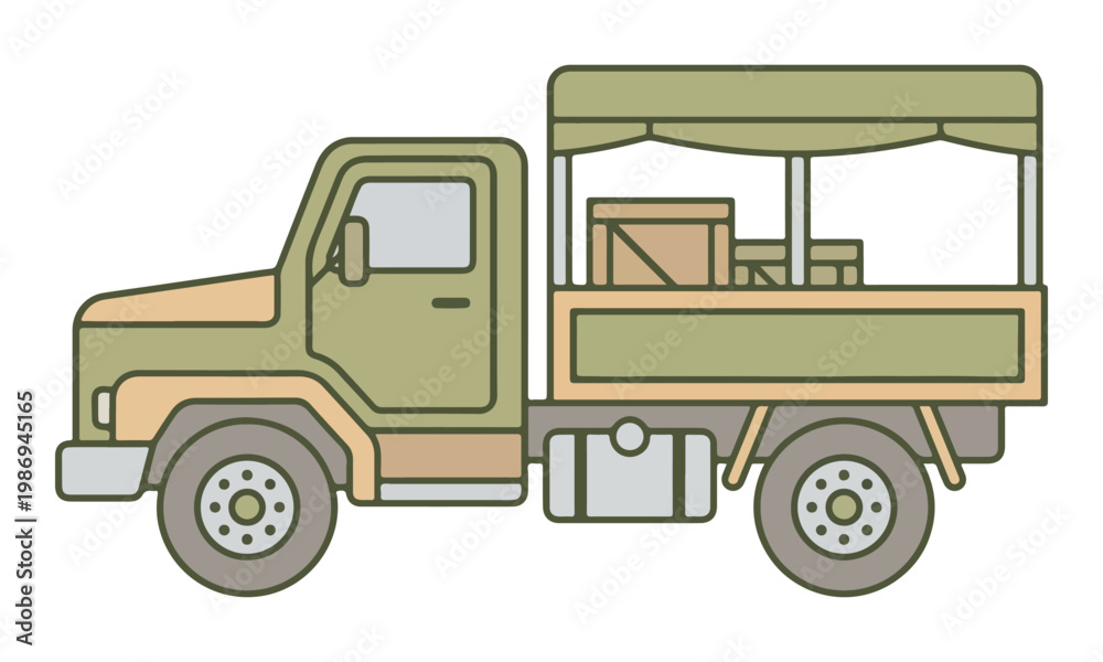 Fototapeta premium Military Cargo Truck Carrying Wooden Crates Illustration