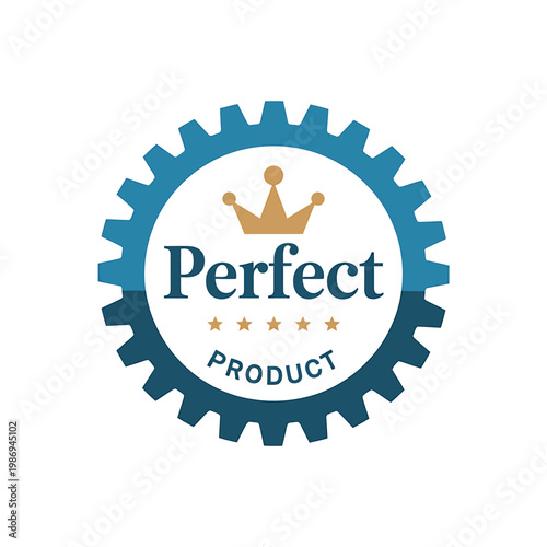 A circular badge displaying perfect product with a crown and gears