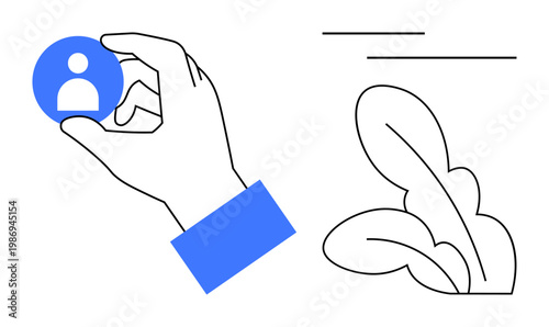 Digital identity, environmental awareness, user interaction, online profiles, technology interface, eco-design. Hand holding a user profile icon with leaf elements. Digital identity and environmental