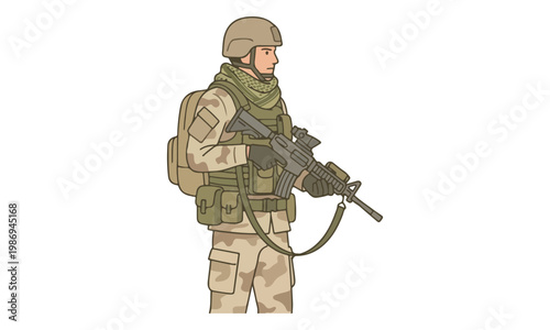 Soldier in desert camouflage with assault rifle and tactical gear