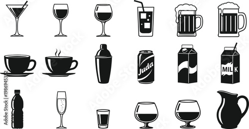 Black and white of various drink containers and glasses drink beverage symbols black and white glasses