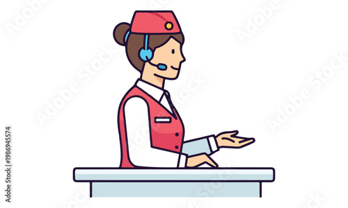 Stewardess with headset working at airline information desk counter