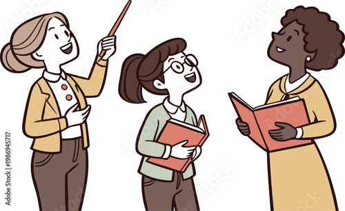Three smiling diverse teachers holding books and pointer, cartoon style.