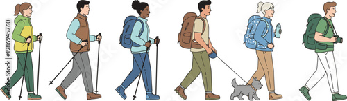 Vector illustration of diverse hikers walking outdoors with backpacks, trekking poles, dog, water bottle and camera in adventure design