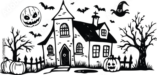 Old haunted manor vector illustration with grinning pumpkins and bats under moon during halloween.