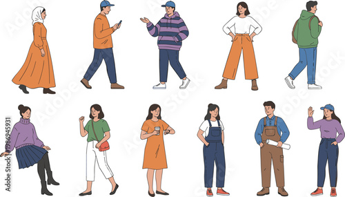 Vector illustration of diverse people in casual outfits with varied poses and accessories in lifestyle design