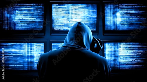 Silhouette in Dark Room With Blue Screens Showing Data and Code During Late Hours of Night