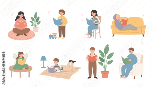 Vector illustration of diverse people reading books in cozy settings including sofa, chair and cushion in leisure design