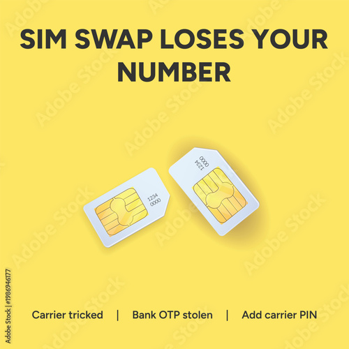 Vector graphic illustration showing two sim cards representing digital security risks related to unauthorized phone number swapping and identity theft