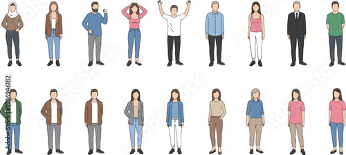 Vector illustration of diverse people standing in casual and formal outfits with varied postures in lifestyle design