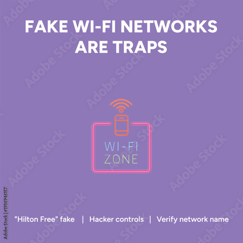 Digital vector graphic illustration warning users about the significant cyber security dangers associated with connecting to malicious fake wifi hotspot networks