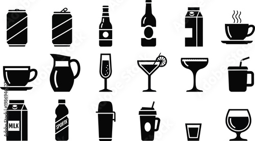 Black and white beverage including soda cans and bottles coffee cups and cocktail glasses beverages