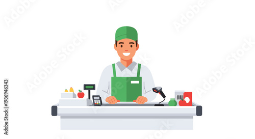 A cheerful male grocery store clerk wearing a green cap and apron stands ready at a minimalist white checkout station with electronic payment tools.