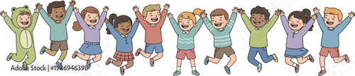 Vector illustration of joyful children jumping with raised arms in colorful outfits and costume in celebration design