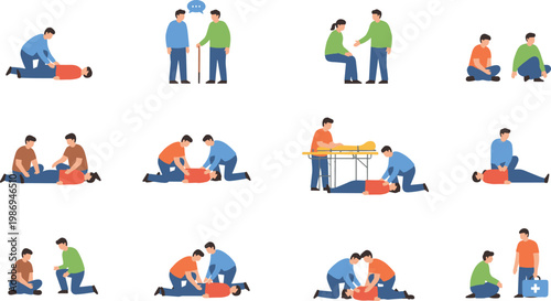 Vector illustration of people performing first aid and CPR procedures including chest compressions and emergency care in medical design