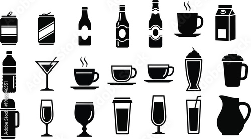 Black of various drink containers and glasses drink beverage symbols black and white cups bottles coffee