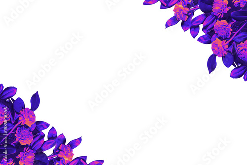 Bright Botanical Decorative Frame with bright Leaves and Flowers Isolated on Transparent Background.