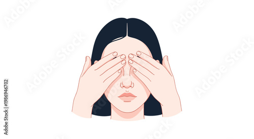 A meticulous digital illustration depicts a young woman with dark hair using her own hands to cover her eyes in a perfectly symmetrical and centered pose.