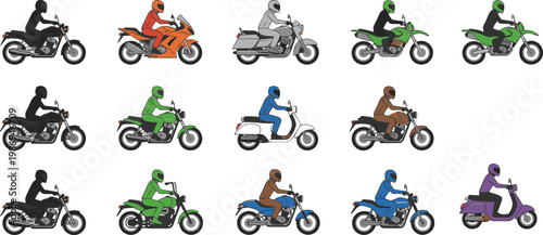 Motorcyclists riding sport bikes, cruisers, touring motorcycles, dirt bikes, and scooters in colorful vector illustration