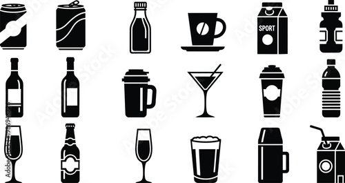 Black and white of various drink containers and glasses drink beverage symbols black and white alcohol bottles