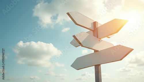 Blank wooden signpost with multiple arrows points in different directions against a bright cloudy sky. Suggests choices, paths, and future opportunities. Represents decisions and journeys.