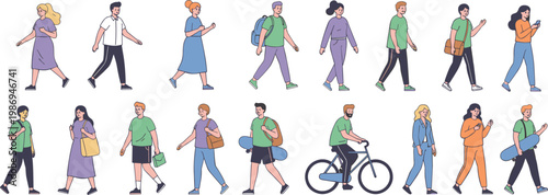 Stylized people walking, carrying bags, skateboards, and riding bicycle in casual everyday urban life vector illustration