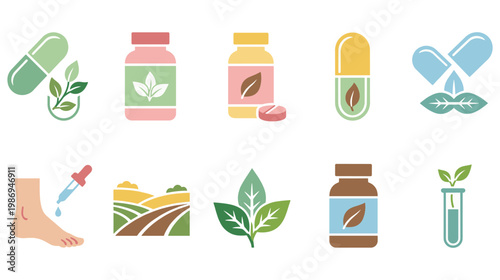 Natural herbal medicine flat icons set, organic pharmacy vector illustration concept.